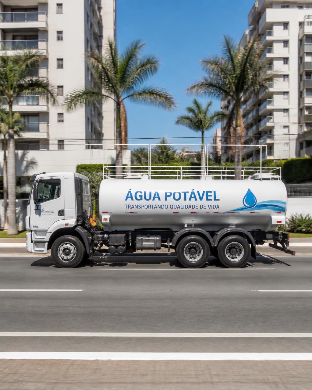 Caminhão pipa branco da FonteViva transportando água potável em São Paulo